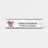 大理石プリントの地質学者のロックハンマーのロゴ(米国) デスクネームプレート (正面)