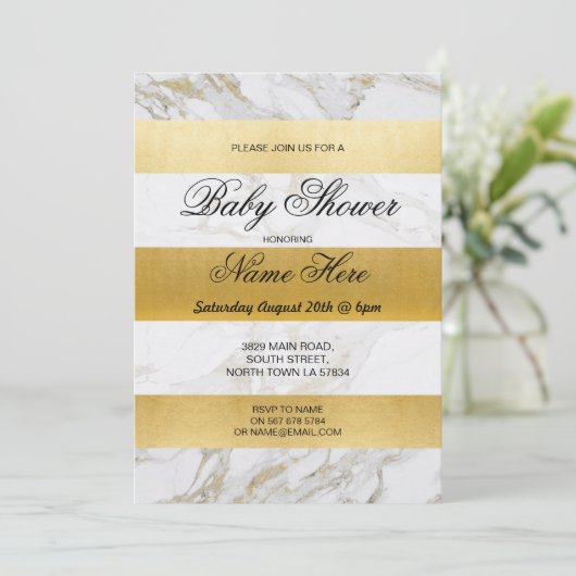 大理石ベビーシャワー招待状ストライプホワイト金ゴールドパーティー 招待状 (スタンド正面)