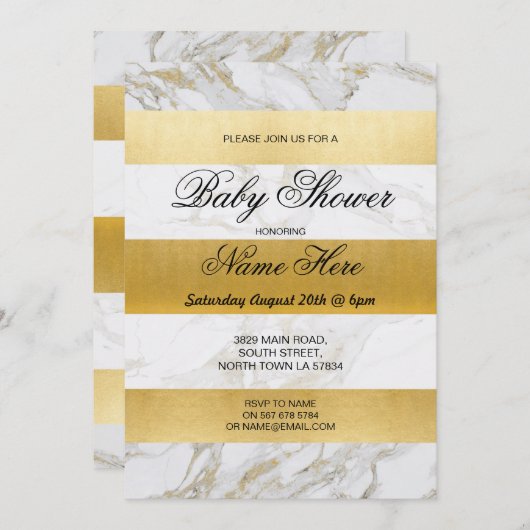 大理石ベビーシャワー招待状ストライプホワイト金ゴールドパーティー 招待状 (正面/裏面)