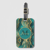 大理石ベージュエレガントターコイズブルーティール(緑がかった色)モノグラム ラゲッジタグ (正面縦)