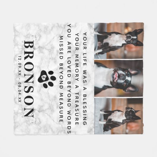 大理石ペットロス記念引用文&フォトコラージュ フリースブランケット (正面(横))