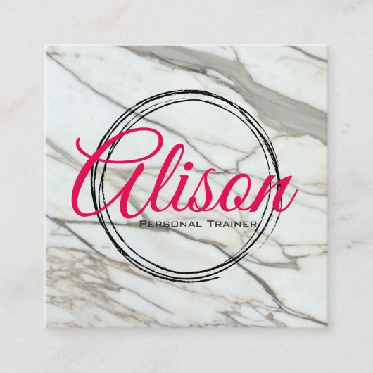 大理石ホワイトピンクの書道文字の四角いカード。 スクエア名刺 (正面)