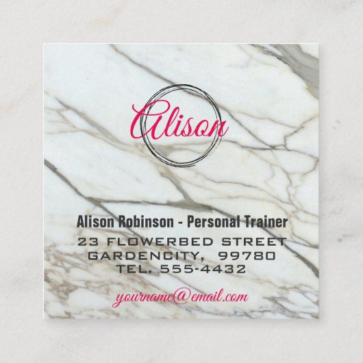 大理石ホワイトピンクの書道文字の四角いカード。 スクエア名刺 (裏面)