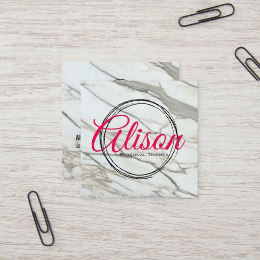 大理石ホワイトピンクの書道文字の四角いカード。 スクエア名刺 (正面/裏面インサイチュ)