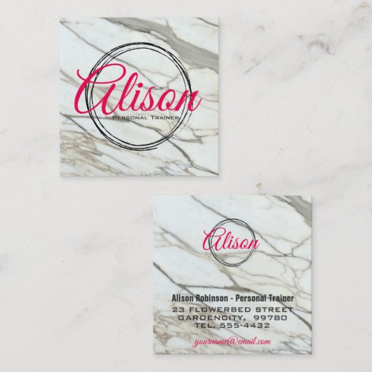 大理石ホワイトピンクの書道文字の四角いカード。 スクエア名刺 (正面/裏面)