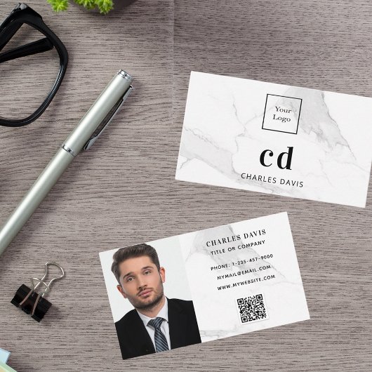 大理石ホワイトモノグラムイニシャル写真Qrコードロゴ 名刺