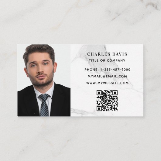 大理石ホワイトモノグラムイニシャル写真Qrコードロゴ 名刺 (裏面)