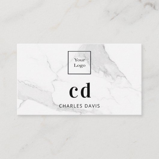 大理石ホワイトモノグラムイニシャル写真Qrコードロゴ 名刺 (正面)