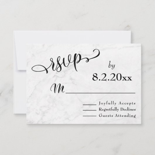 大理石ホワイト×ブラックスクリプトの結婚式RSVP 出欠カード (正面)