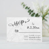 大理石ホワイト×ブラックスクリプトの結婚式RSVP 出欠カード (スタンド正面)
