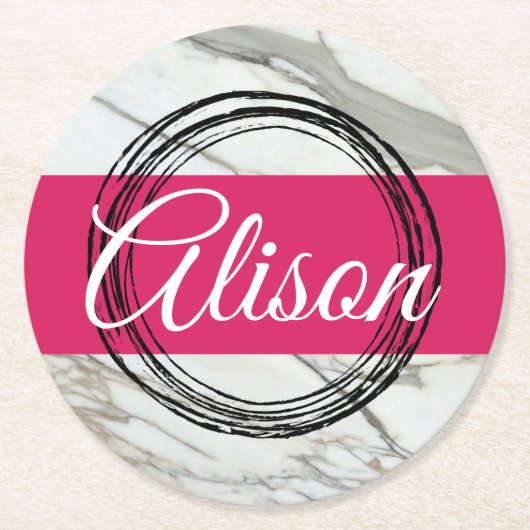 大理石ミニマルデザイン追加の名前文字 ラウンドペーパーコースター (正面)