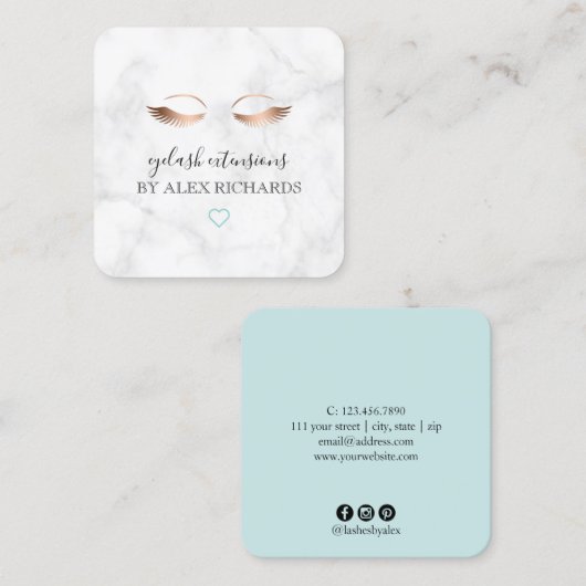 大理石ミニマルモダンバラ金ゴールドまつげエクステンション スクエア名刺 (正面/裏面)