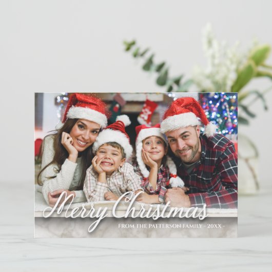 大理石メリークリスマスファミリーフォト両面 カード (スタンド正面)