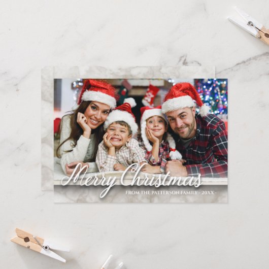 大理石メリークリスマスファミリーフォト両面 カード (正面/裏面インサイチュ)