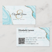 大理石モダンアクアブルーグリッターQRサロンメイクアップ 名刺 (正面/裏面)