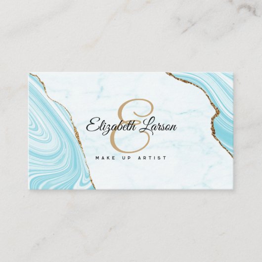 大理石モダンアクアブルーグリッターQRサロンメイクアップ 名刺 (正面)