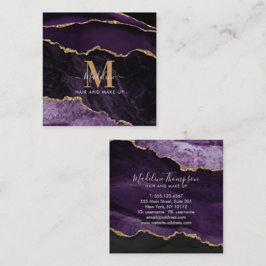 大理石モダンエレガント瑪瑙パープル金ゴールドモノグラム スクエア名刺 (正面/裏面)