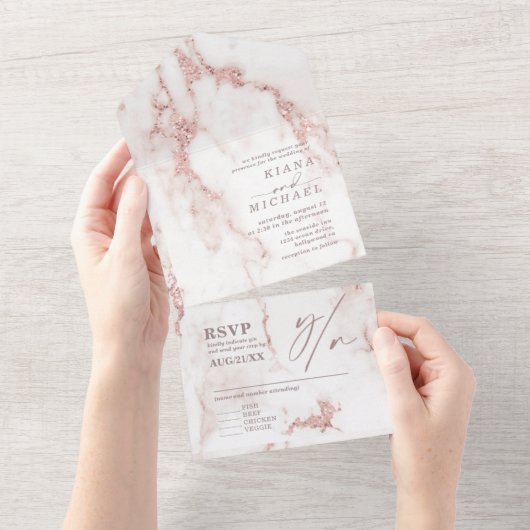 大理石モダングリッター結婚のバラ金ゴールドID816 オールインワン招待状 (貼ってはがせる)