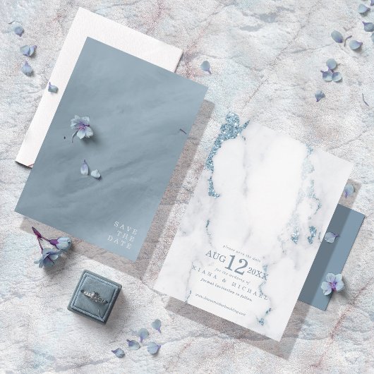 大理石モダングリッター結婚の埃っぽい青ID816のSav セーブザデート