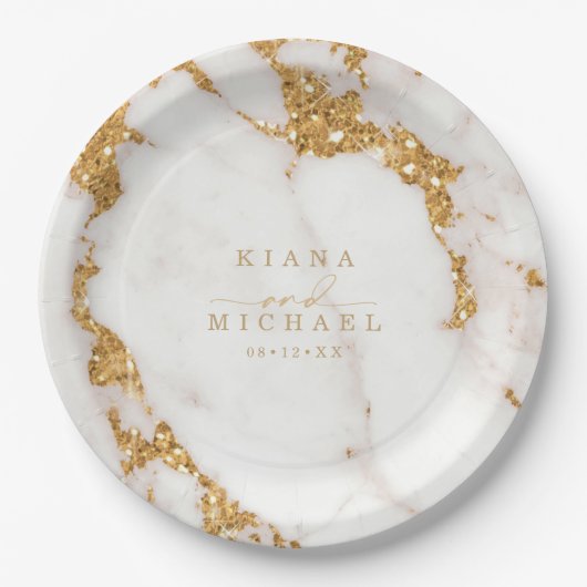 大理石モダングリッター結婚の金ゴールドID816 ペーパープレート (正面)