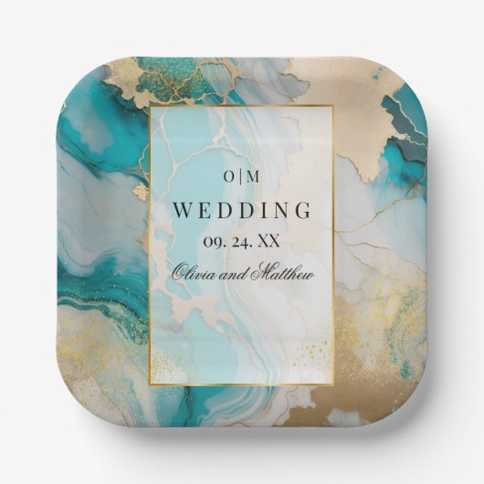 大理石モダンターコイズと金ゴールド結婚ズ ペーパープレート (正面)