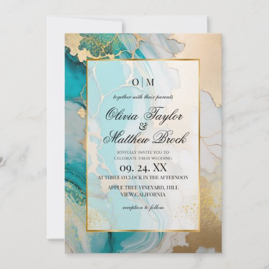 大理石モダンターコイズと金ゴールド結婚ズ 招待状 (正面)