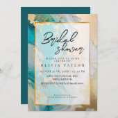 大理石モダンターコイズ及び金ゴールドブライダルシャワー 招待状 (正面/裏面)