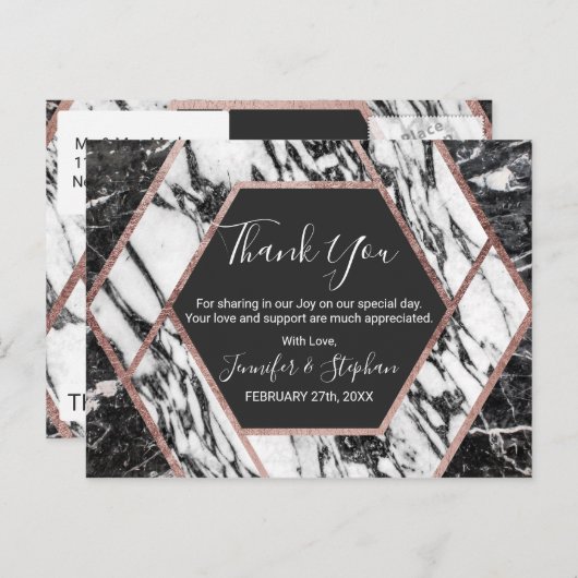 大理石モダンバラ金ゴールドトリム六角形ありがとう ポストカード (正面/裏面)