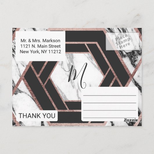 大理石モダンバラ金ゴールドトリム六角形ありがとう ポストカード (裏面)