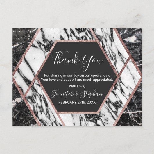 大理石モダンバラ金ゴールドトリム六角形ありがとう ポストカード (正面)