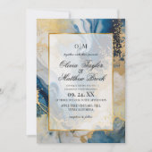 大理石モダンブルーと金ゴールド結婚ズ 招待状 (正面)