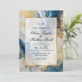 大理石モダンブルーと金ゴールド結婚ズ 招待状 (スタンド正面)