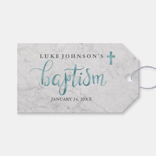 大理石モダンブルーバプテスマラベル ギフトタグ (正面(横))