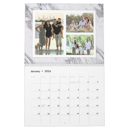 大理石モダン写真コラージュ36イメージファミリー カレンダー (1月 2026)