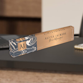 大理石モダン抽象芸術パターン黒金ゴールドモノグラム デスクネームプレート