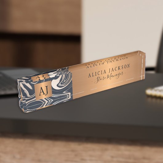 大理石モダン抽象芸術パターン黒金ゴールドモノグラム デスクネームプレート