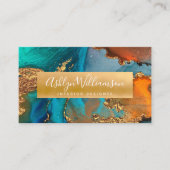 大理石モダン水カラーターコイズオレンジ&金ゴールド 名刺 (正面)