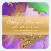 大理石モダン水カラー金ゴールド紫の緑のスクリプト スクエアシール (正面)