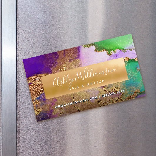 大理石モダン水カラー金ゴールド紫グリーンスタイリスト マグネット名刺