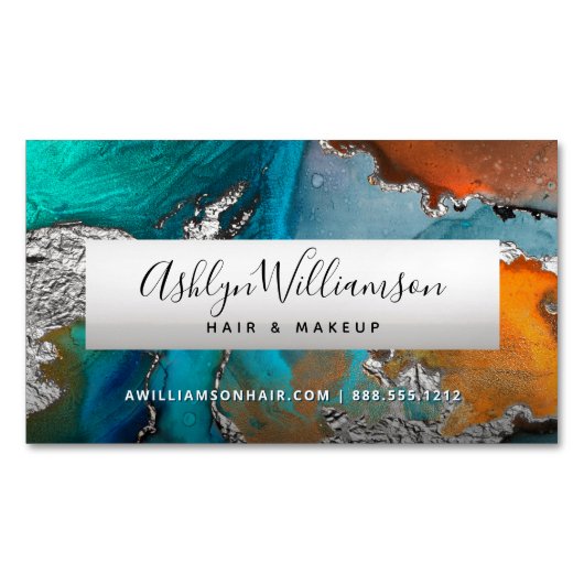 大理石モダン水彩銀色ターコイズスタイリスト マグネット名刺 (正面)