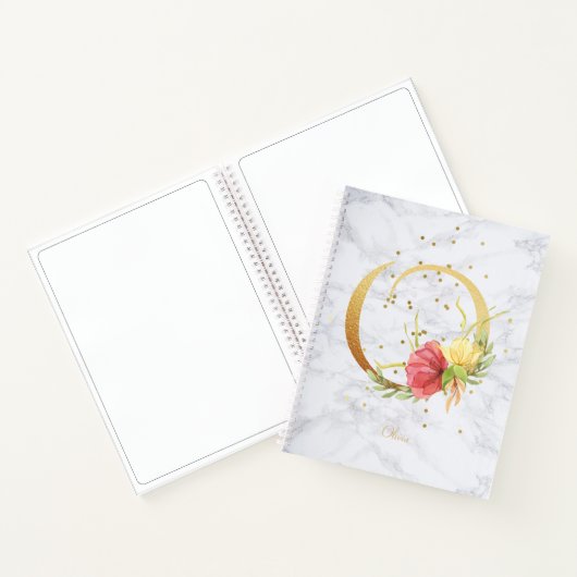 大理石モダン水色ゴールデンモノグラム文字O ノートブック (内部)