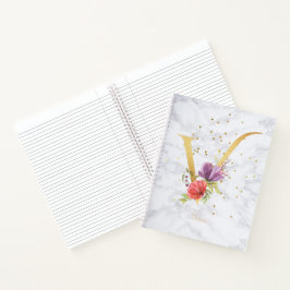 大理石モダン水色ゴールデンモノグラム文字V ノートブック