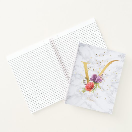 大理石モダン水色ゴールデンモノグラム文字V ノートブック (内部)