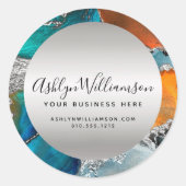 大理石モダン水色シルバーターコイズオレンジ ラウンドシール (正面)