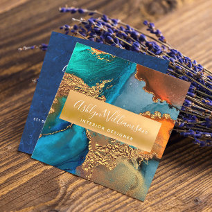 大理石モダン水色ターコイズオレンジ金ゴールド スクエア名刺