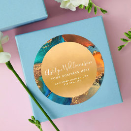 大理石モダン水色金ゴールドターコイズオレンジ ラウンドシール