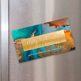 大理石モダン水色金ゴールドターコイズヘアサロン マグネット名刺