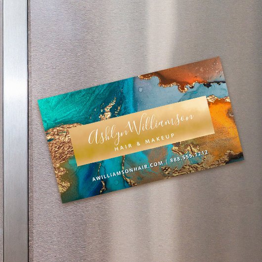 大理石モダン水色金ゴールドターコイズヘアサロン マグネット名刺