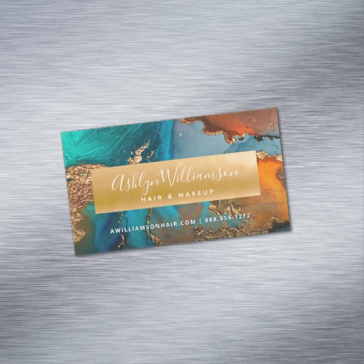 大理石モダン水色金ゴールドターコイズヘアサロン マグネット名刺 (インサイチュ)