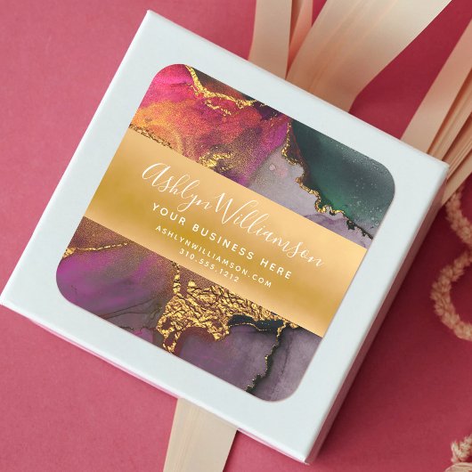 大理石モダン水色金ゴールドピンク紫グリーン スクエアシール